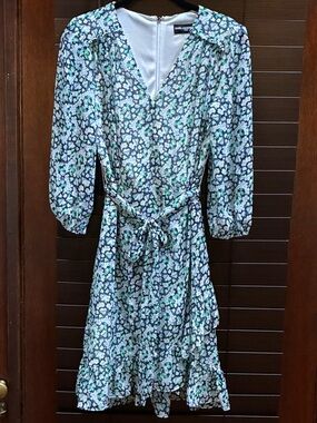 Karl Lagerfeld Paris Floral Midi Dress Size 2 Teal Blue White V-Neck Tie Waist